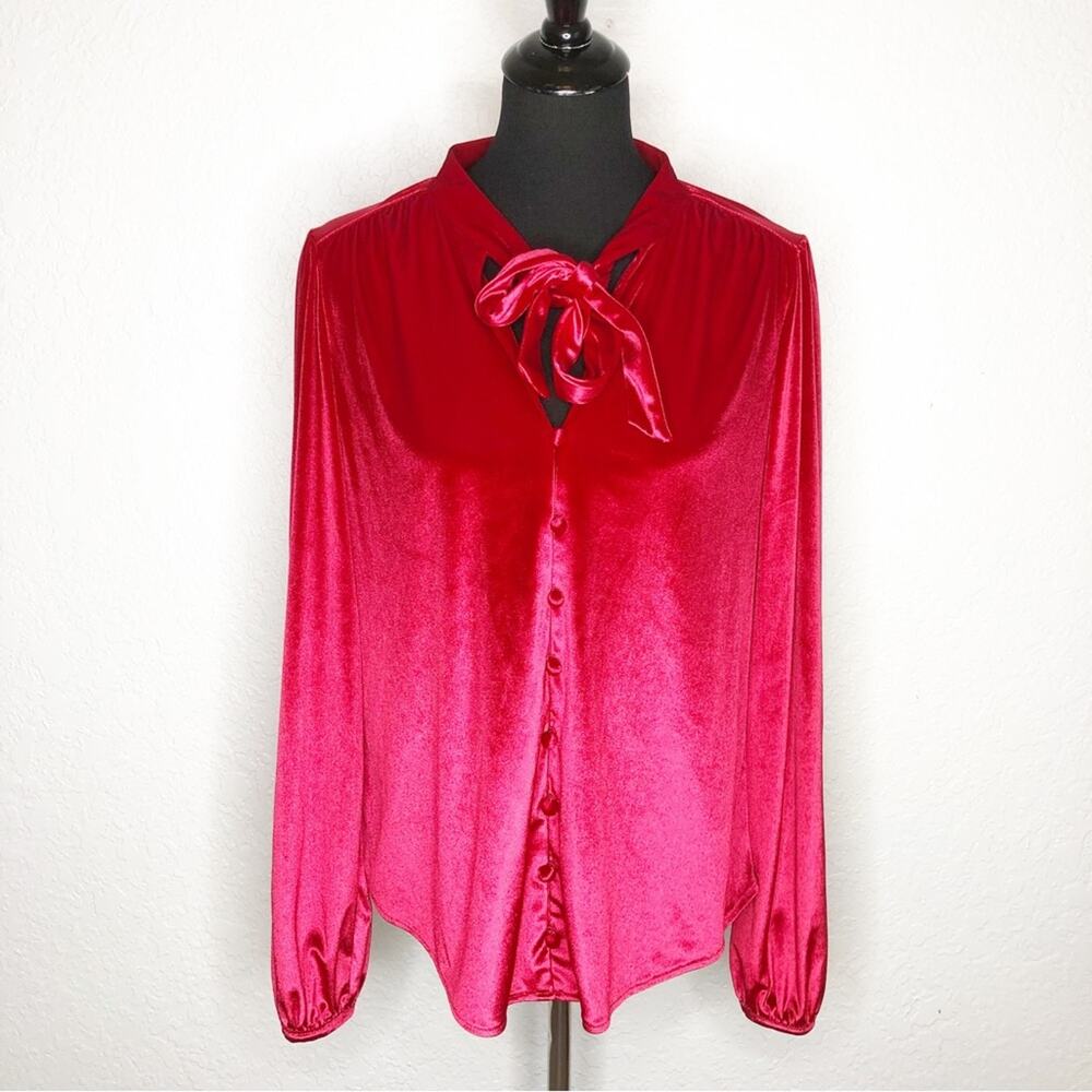 WHBM red velvet neck tie button down top size Large